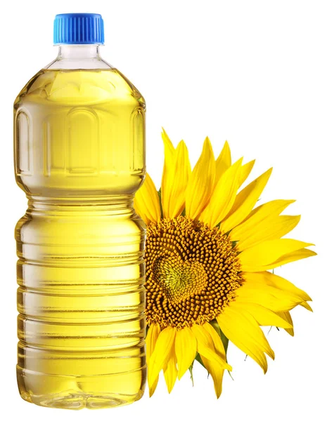 一瓶向日葵油和向日葵的背景 文件包含裁剪路径 — 图库照片
