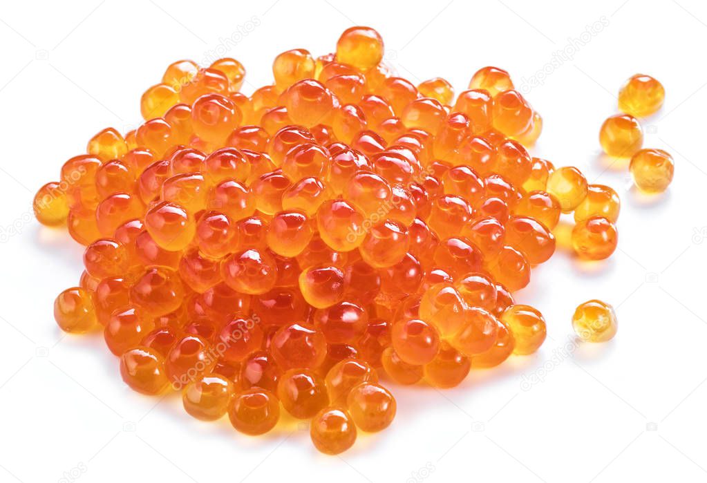Red caviar on white background. Top view. Macro picture.
