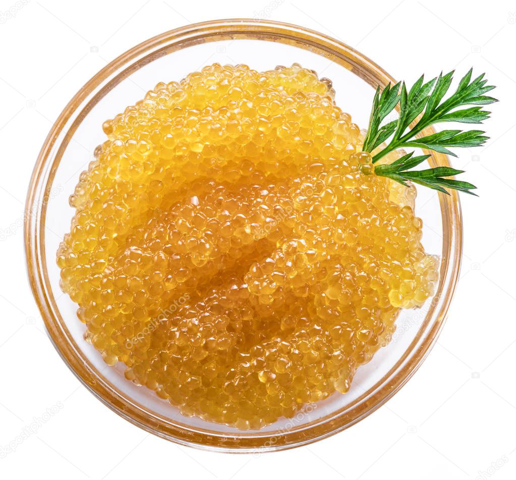 Pike caviar or roe in the bowl. Clipping path. Top view.