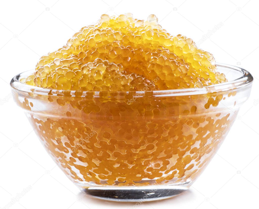 Pike caviar or roe in the bowl on white background. File contains clipping path.