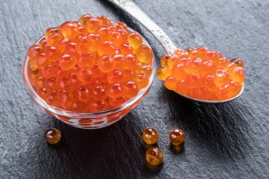 Kase Gri grafit arka plan üzerinde kırmızı havyar. Makro resim.