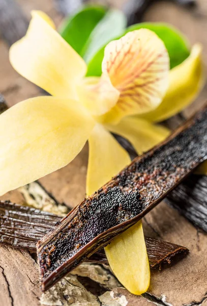 Dried Vanilla Fruits Vanilla Orchid Wooden Table Close — Stock Photo, Image