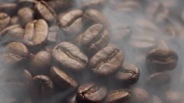 Geurige Koffie Bonen Worden Gebrand Een Koekenpan Rook Komt Uit — Stockvideo
