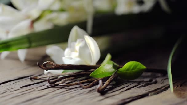 Vanilla Flower Vanilla Sticks Old Wooden Board Men Hand Puts — Stock Video