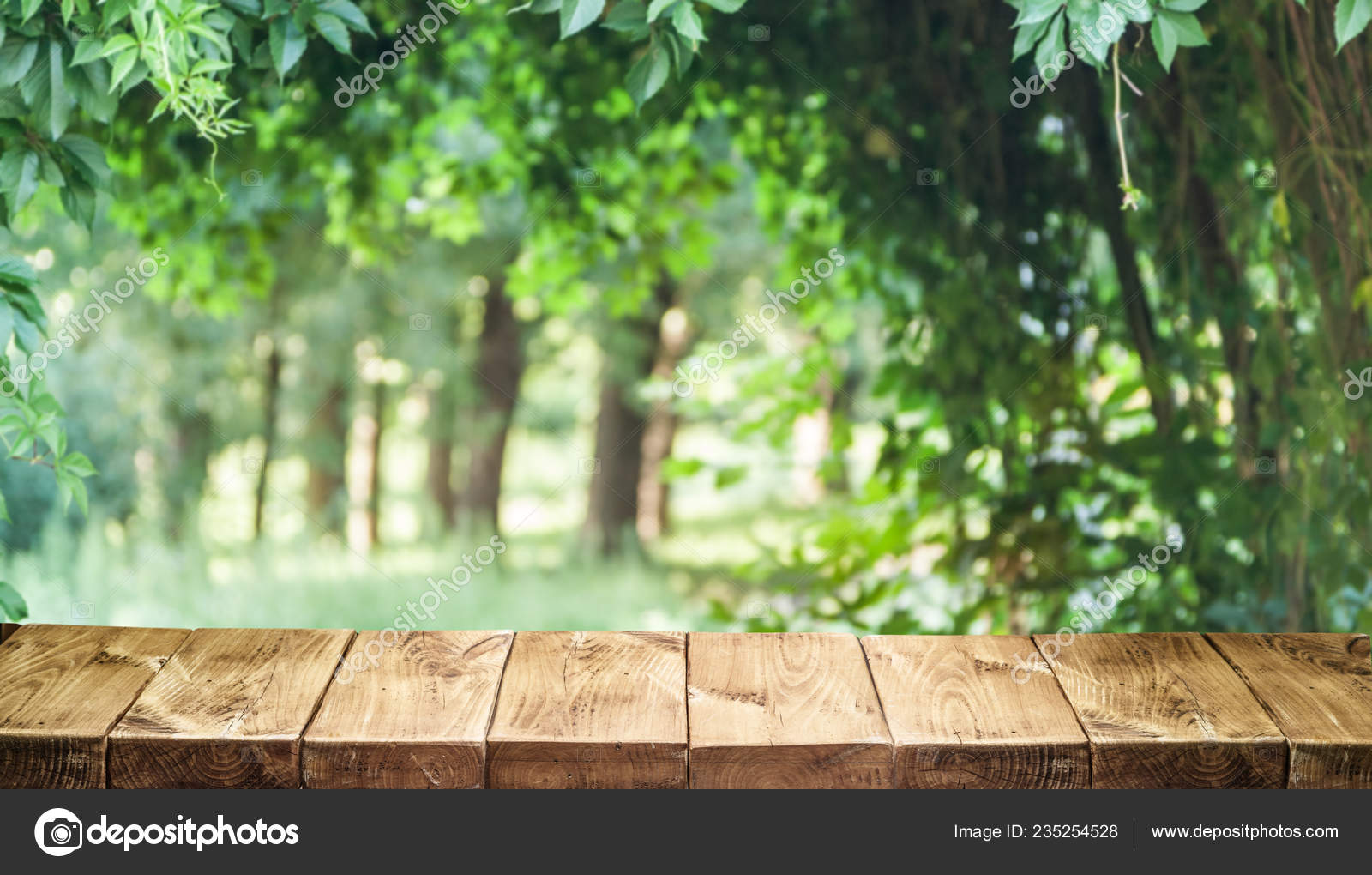 Old Wooden Table Top Green Foliage Background Stock Photo by ©Valentyn