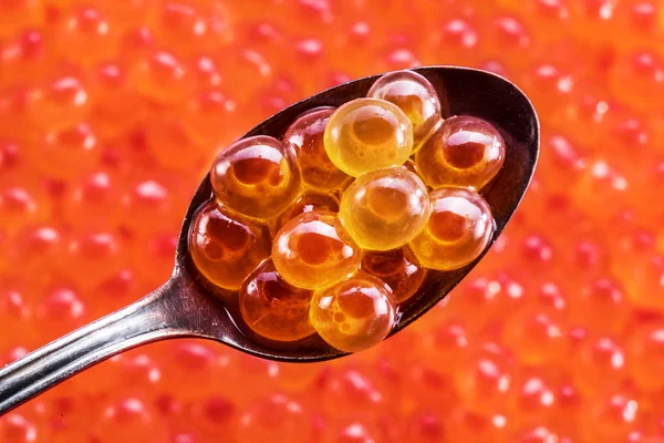 Salmon Roe Silver Spoon Close Red Caviar Background — Stock Photo, Image