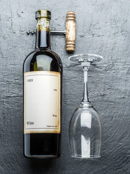Wine Bottle Wine Glass Corkscrew Graphite Board — Stock Photo, Image
