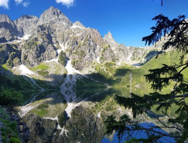 Morskie Oko. Yüksek Tatras, Polonya, 27 Mayıs 2018. Karlı dağ başında ve aralarında göl güzel manzara. Rysy dağın görüntülemek.
