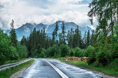 Yol ve Yüksek Tatras üstleri ağır beyaz bulutları ile örtülü.