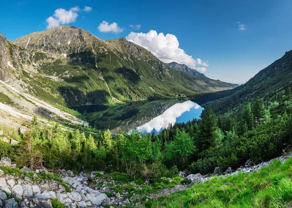 Bahar Yüksek Tatras manzara. Karlı dağ başında ve güzel gökyüzü. Dağ Rysy, Morskie Oko.