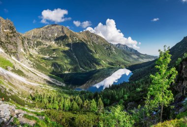 Bahar Yüksek Tatras manzara. Karlı dağ başında ve güzel gökyüzü. Dağ Rysy, Morskie Oko
