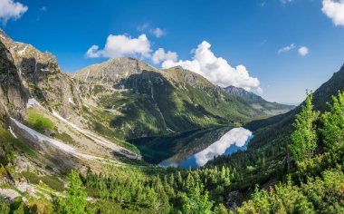 Bahar Yüksek Tatras manzara. Karlı dağ başında ve güzel gökyüzü. Morskie Oko