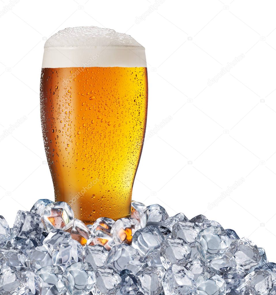 Chilled glass of light beer in ice cubes. File contains clipping path.