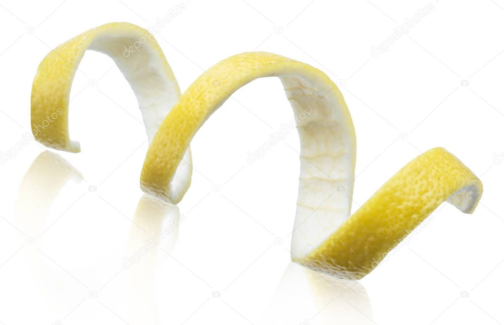 Lemon peel or lemon twist on white background. File contains clipping path.