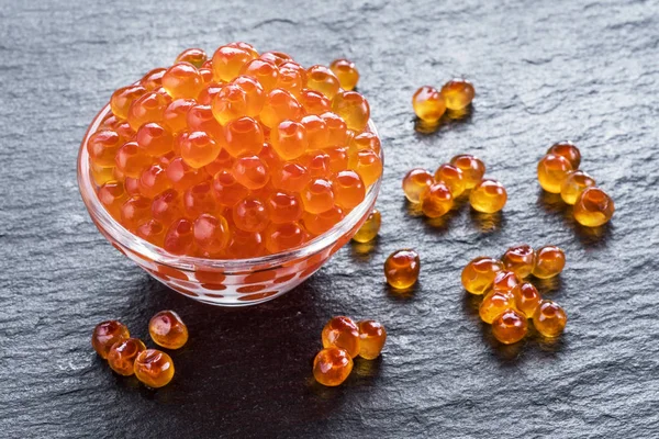 Red Caviar Bowl Gray Graphite Background Macro Picture — Stock Photo, Image