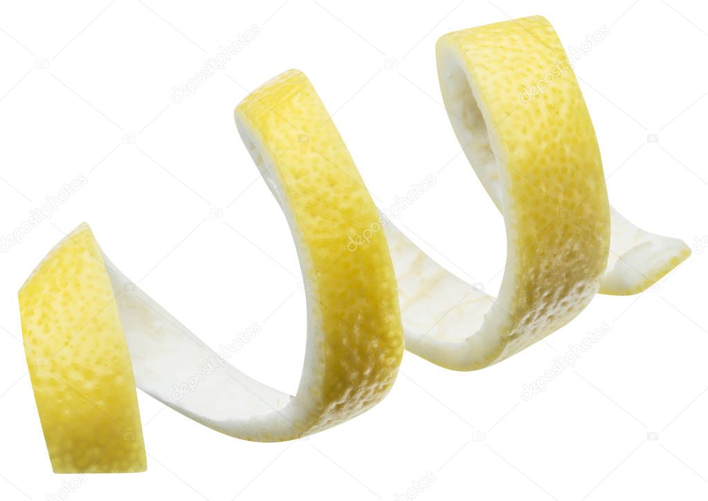 Lemon peel or lemon twist on white background. File contains clipping path.