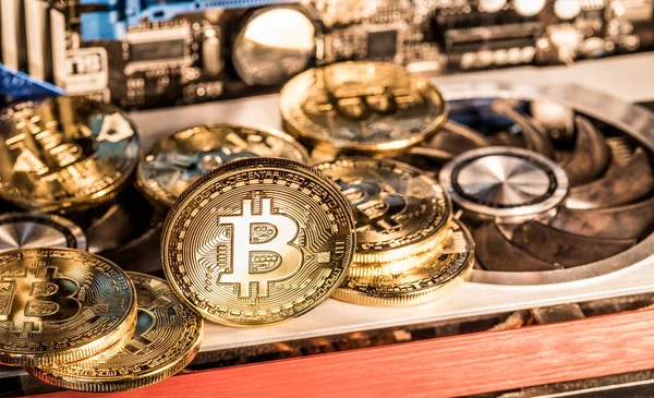 Bitcoins Physiques Brillants Équipement Tenue Dossiers Exploitation Minière — Photo