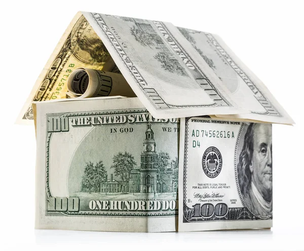 ドルは 白い背景で隔離の家 ドル現金お金のミニチュア — ストック写真