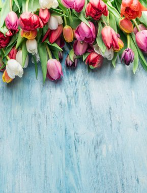 Lale mavi ahşap arka plan üzerinde renkli buket. Üstten görünüm.