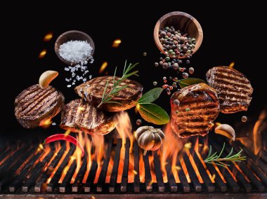 Izgara Dana biftek sebze ve baharatlar ile yanan mangal Barbekü ateşte sinek. Gıda uçan kavramı.
