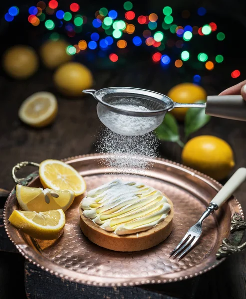 Lemon Tart Cooking Lemon Dessert Sugar Powder Sprinkled Top Strainer — Stock Photo, Image