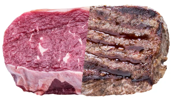 Ribeye Steak Biefstuk Witte Achtergrond Half Ruwe Half Gekookt Biefstuk — Stockfoto