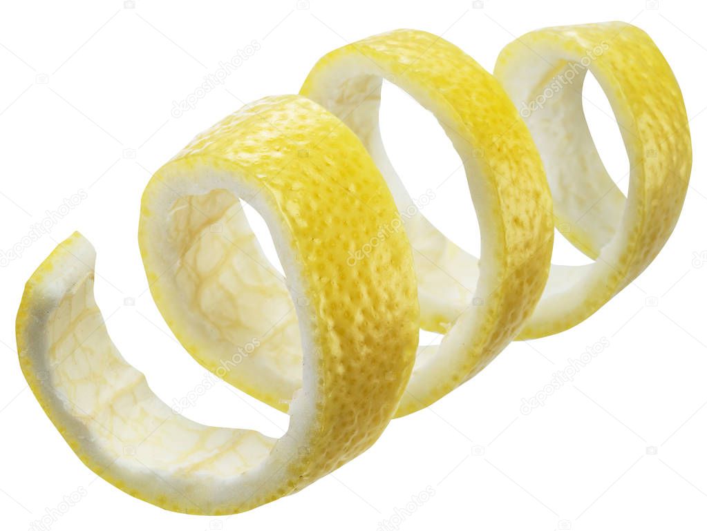 Lemon peel or lemon twist on white background. File contains clipping path.