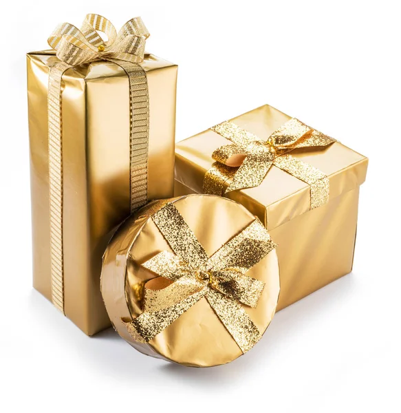 Golden Gift Boxes Symbol Wishes Celebration White Background — Stock Photo, Image