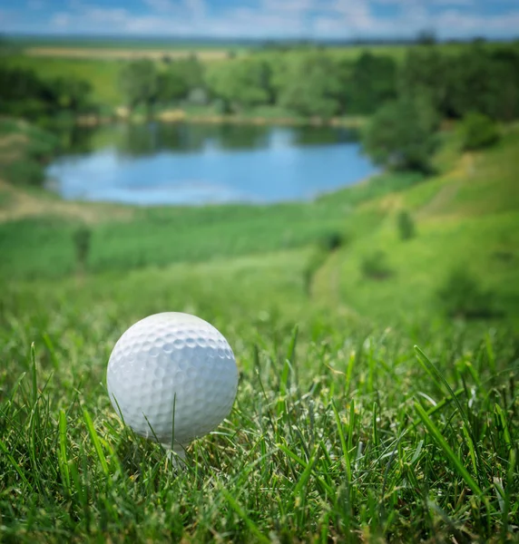 高尔夫球在路线上 美丽的绿色风景和湖在背景 — 图库照片