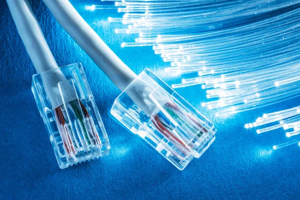 Netzwerkkabel Und Bündel Von Glasfasern Mit Lichtern Den Enden Blauer — Stockfoto