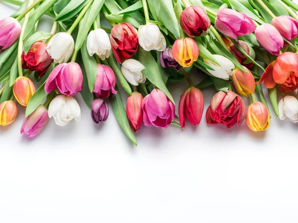 Kleurrijk Boeket Tulpen Gerangschikt Als Een Frame Een Witte Achtergrond — Stockfoto