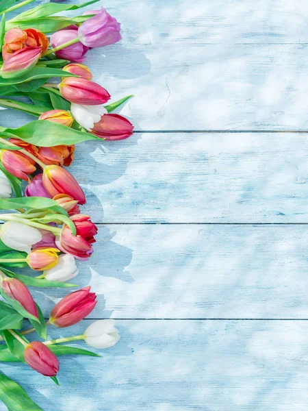 Barevné Tulipány Modré Dřevěný Stůl Jarní Sunlights — Stock fotografie
