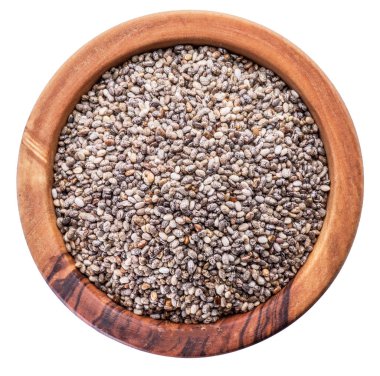 Ahşap kase beyaz arka plan üzerinde izole Chia tohum. Dosya con