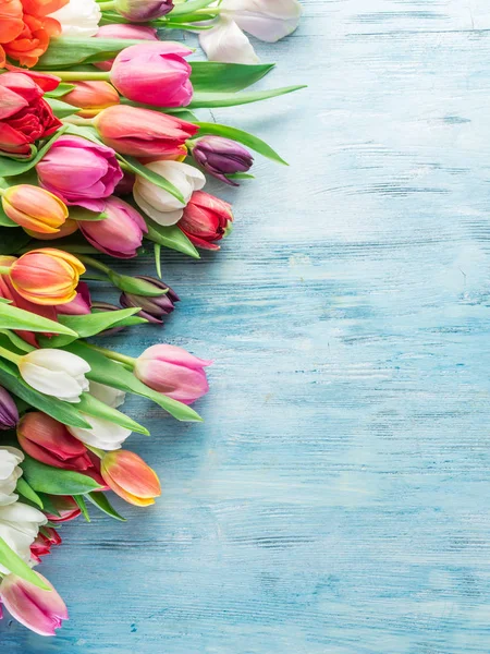 Buquê colorido de tulipas em fundo de madeira azul . — Fotografia de Stock