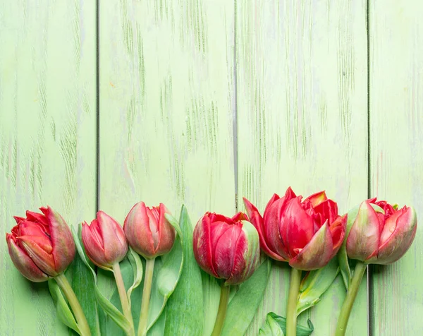 Bouquet colorato di tulipani su sfondo verde in legno . — Foto Stock