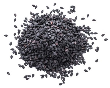 Beyaz arka plan üzerinde izole siyah susam tohumu. Üstten Görünüm.