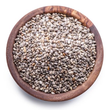 Ahşap kase beyaz arka plan üzerinde izole Chia tohum. Dosya con