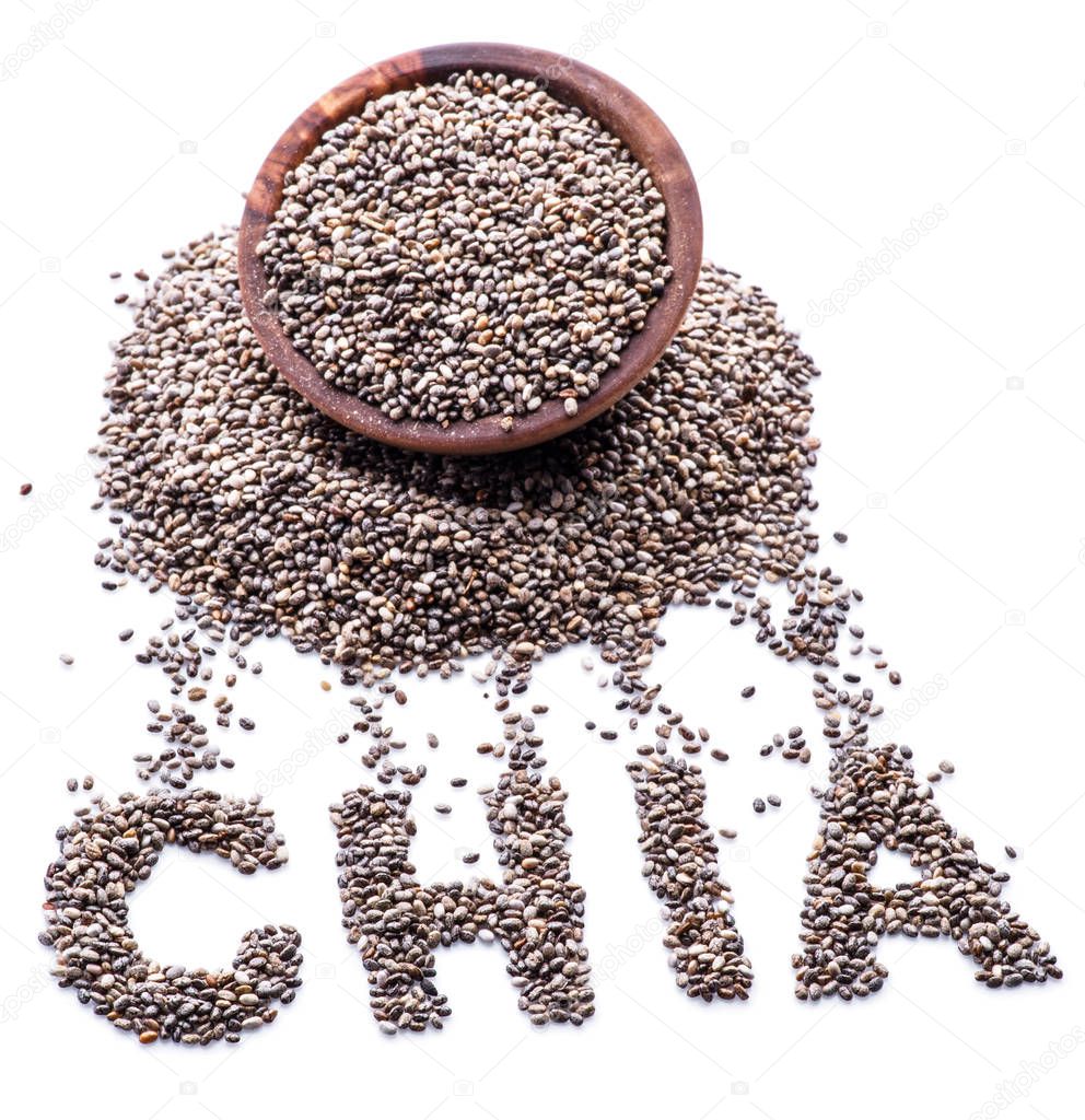 Chia word made up of chia seeds isolated on white background. To