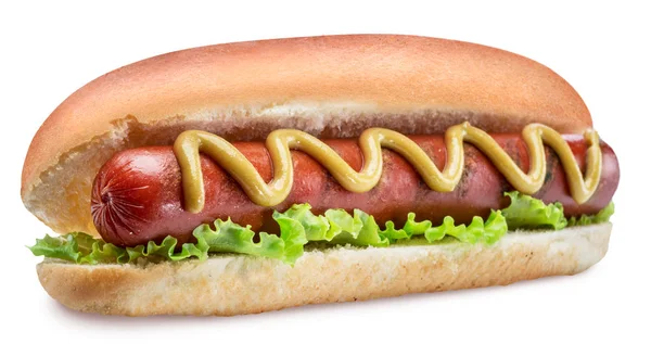Hot dog - salchicha a la parrilla en un bollo con salsas sobre fondo blanco —  Fotos de Stock