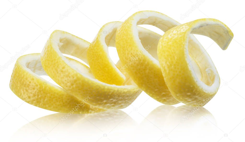 Lemon peel or lemon twist on white background. Clipping path.