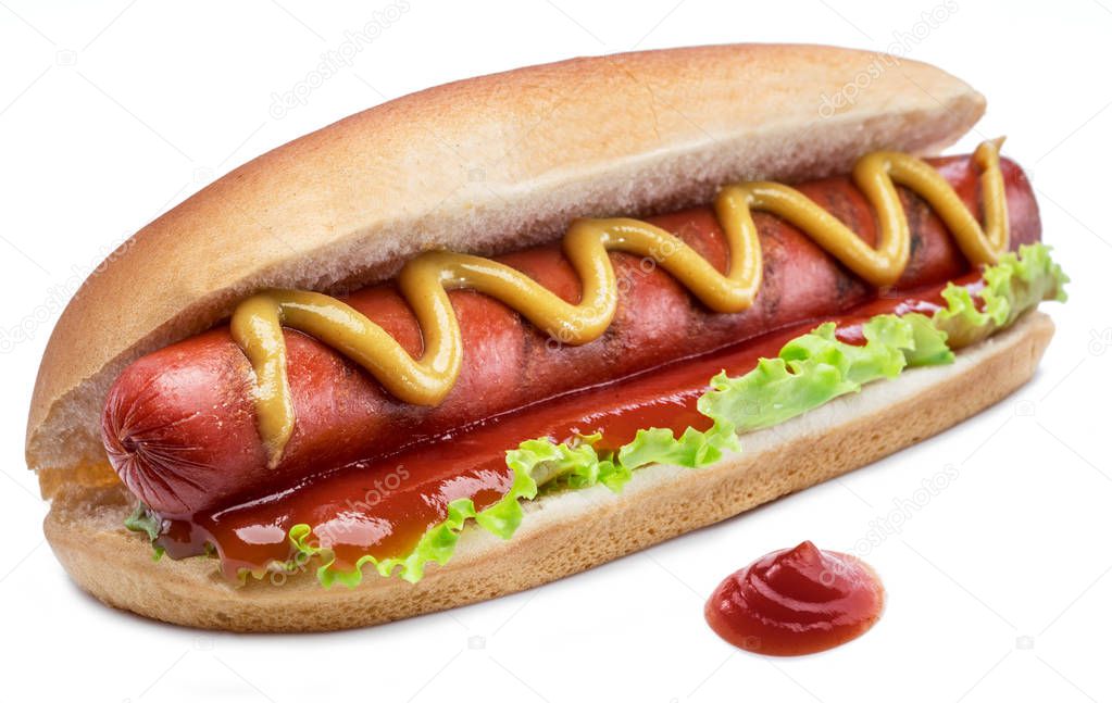 Hot dog - grilled sausage in a bun with sauces isolated on white