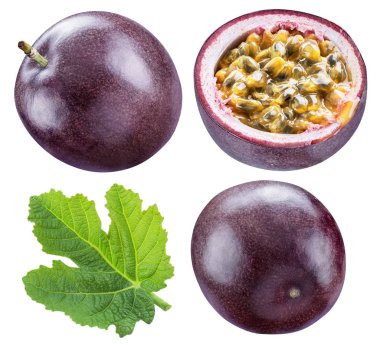 Tutku meyve, çapraz kesim bölümü ve yaprak kümesi. Kırpma p