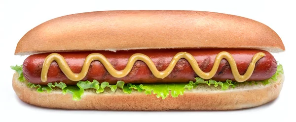 Hot Dog - gegrillte Wurst in einem Brötchen mit Soßen isoliert auf weiß — Stockfoto