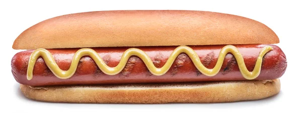 Hot dog - gegrilde worst in een broodje met sauzen geïsoleerd op wit — Stockfoto