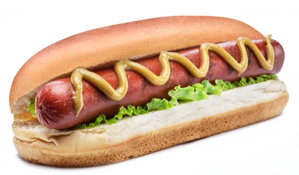 Hot dog - soslar üzerinde beyaz izole bir topuz sosis ızgara — Stok fotoğraf