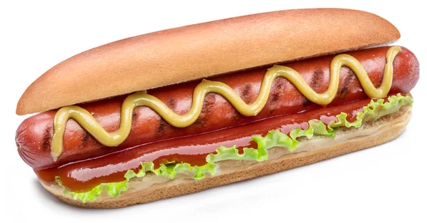 Hot dog - saucisse grillée dans un pain avec des sauces isolées sur blanc — Photo