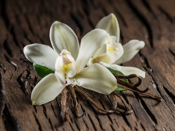 Sušené vanilkové tyčinky a vanilková orchidej na dřevěný stůl. — Stock fotografie