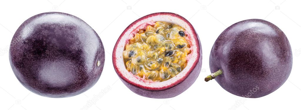 Set of passion fruits and its cross section with pulpy juice fil