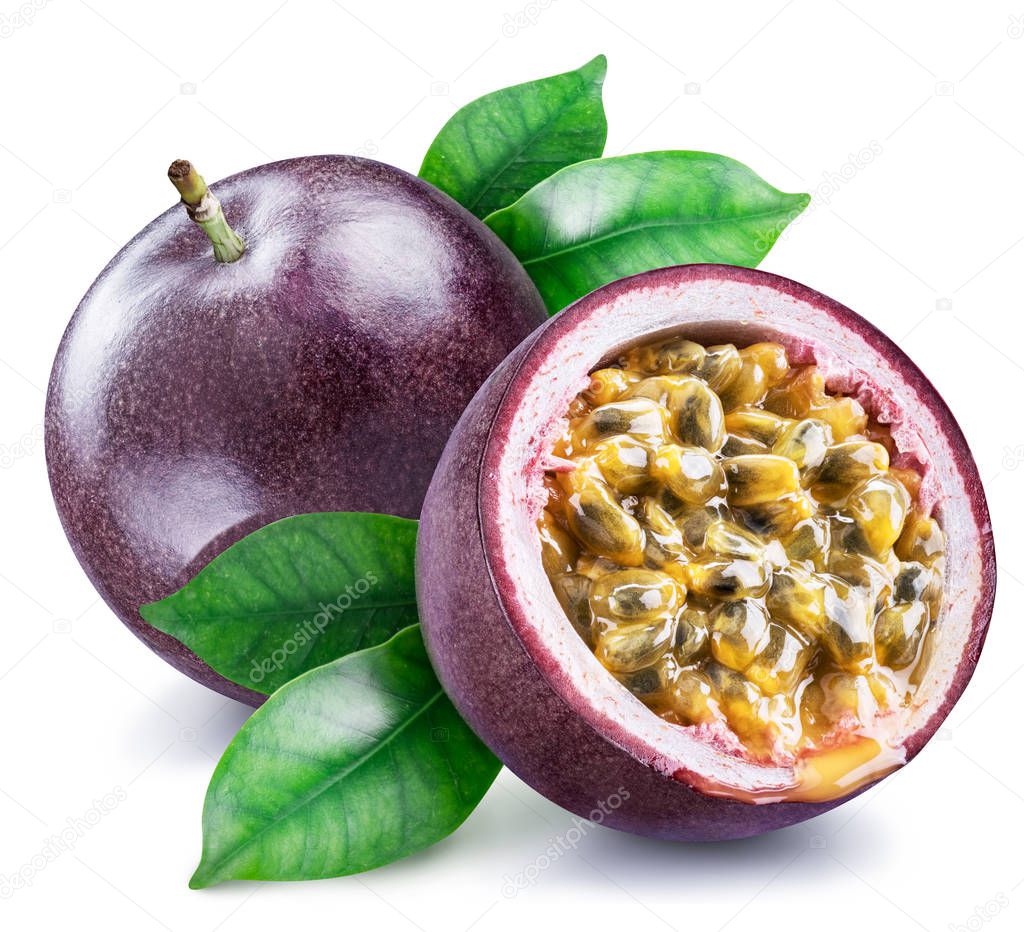 Passion fruit and its cross section with pulpy juice filled with