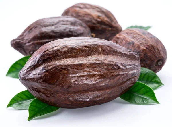 Cialde di cacao con foglie di cacao isolate su fondo bianco . — Foto Stock